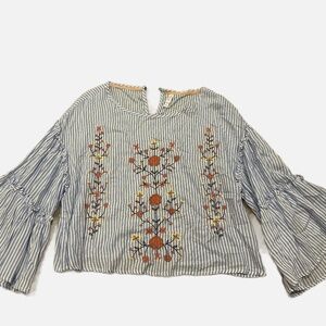 Women's Xhilaration Striped Blouse with flower details and bell sleeves size S